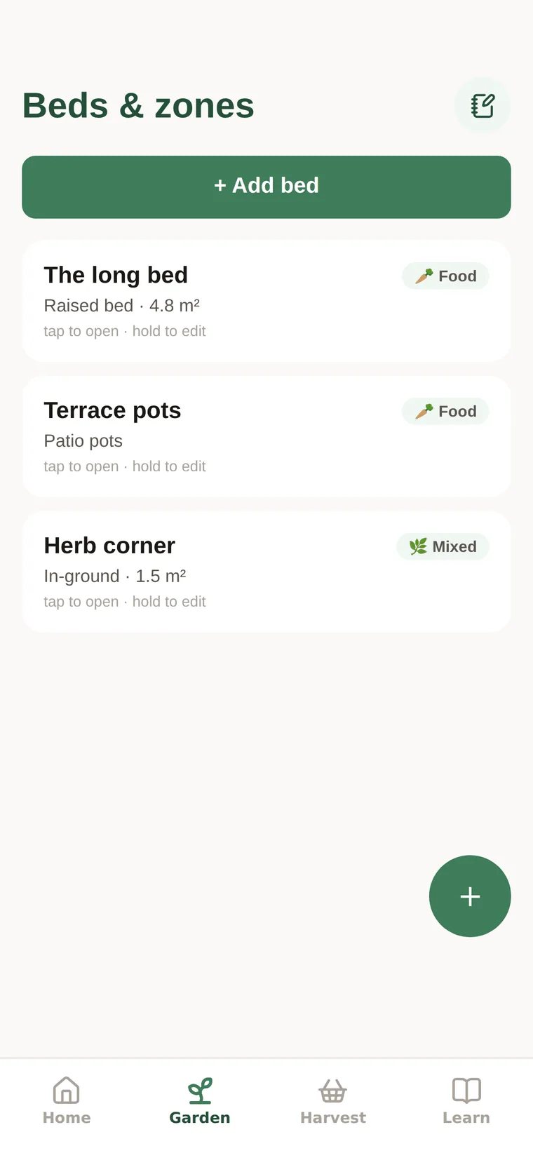 Beds & zones: three beds with Food and Mixed purpose badges.