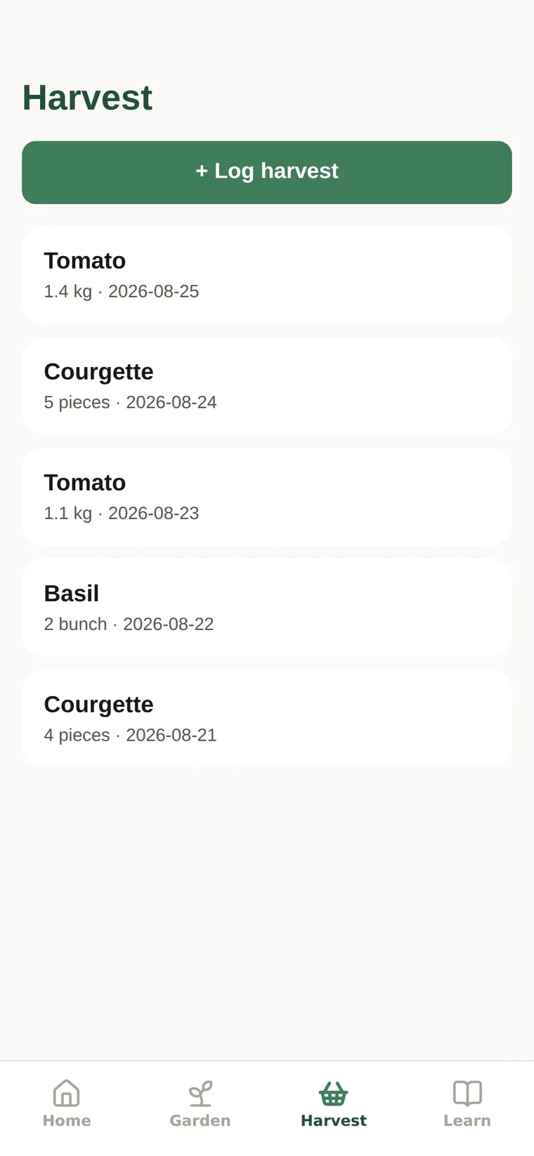 The Harvest screen: a running log of tomatoes, courgettes and basil with dates and quantities.