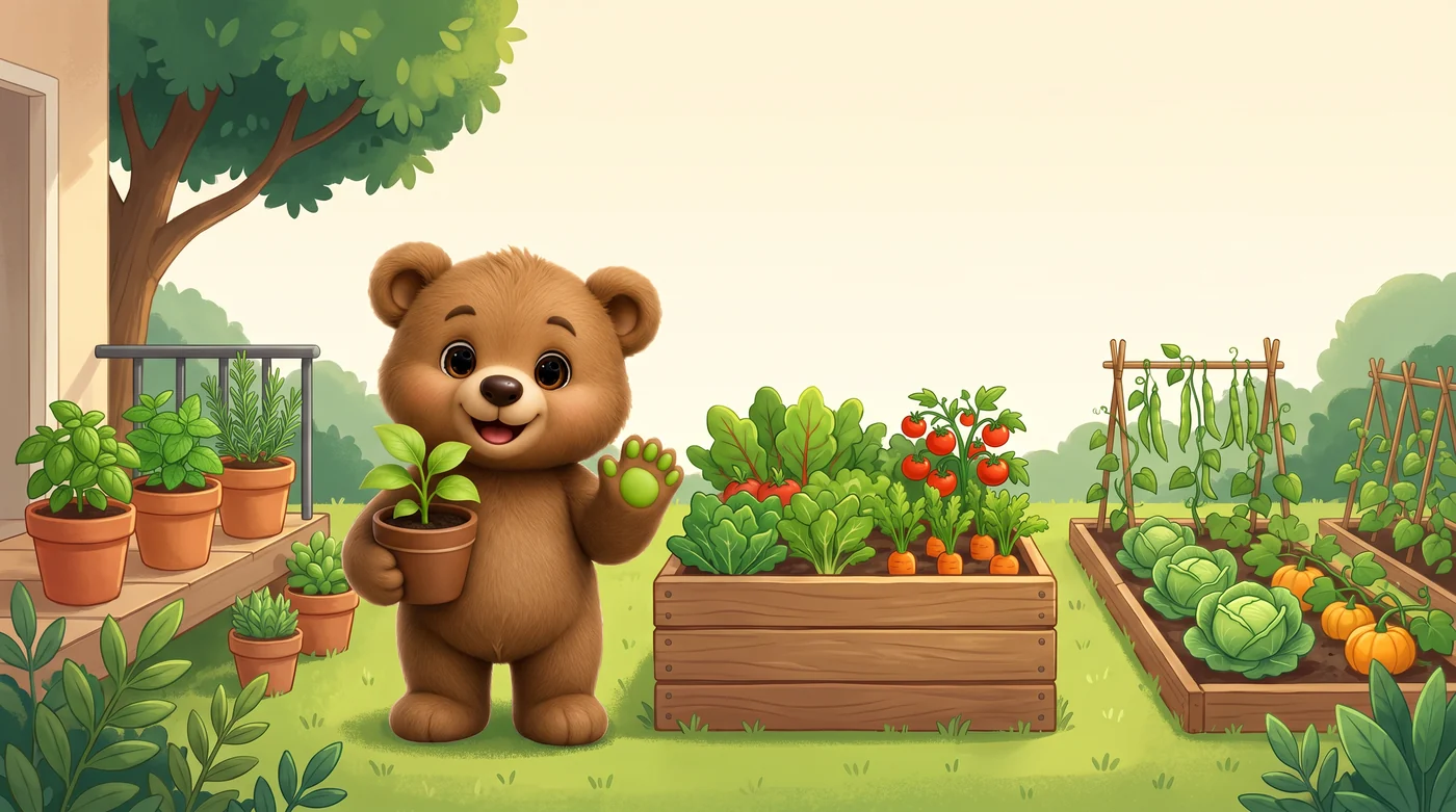Teddy stands in a garden holding a potted seedling. Beside him, three kinds of growing space: a balcony of potted herbs, a raised timber vegetable bed, and rows of allotment vegetables.