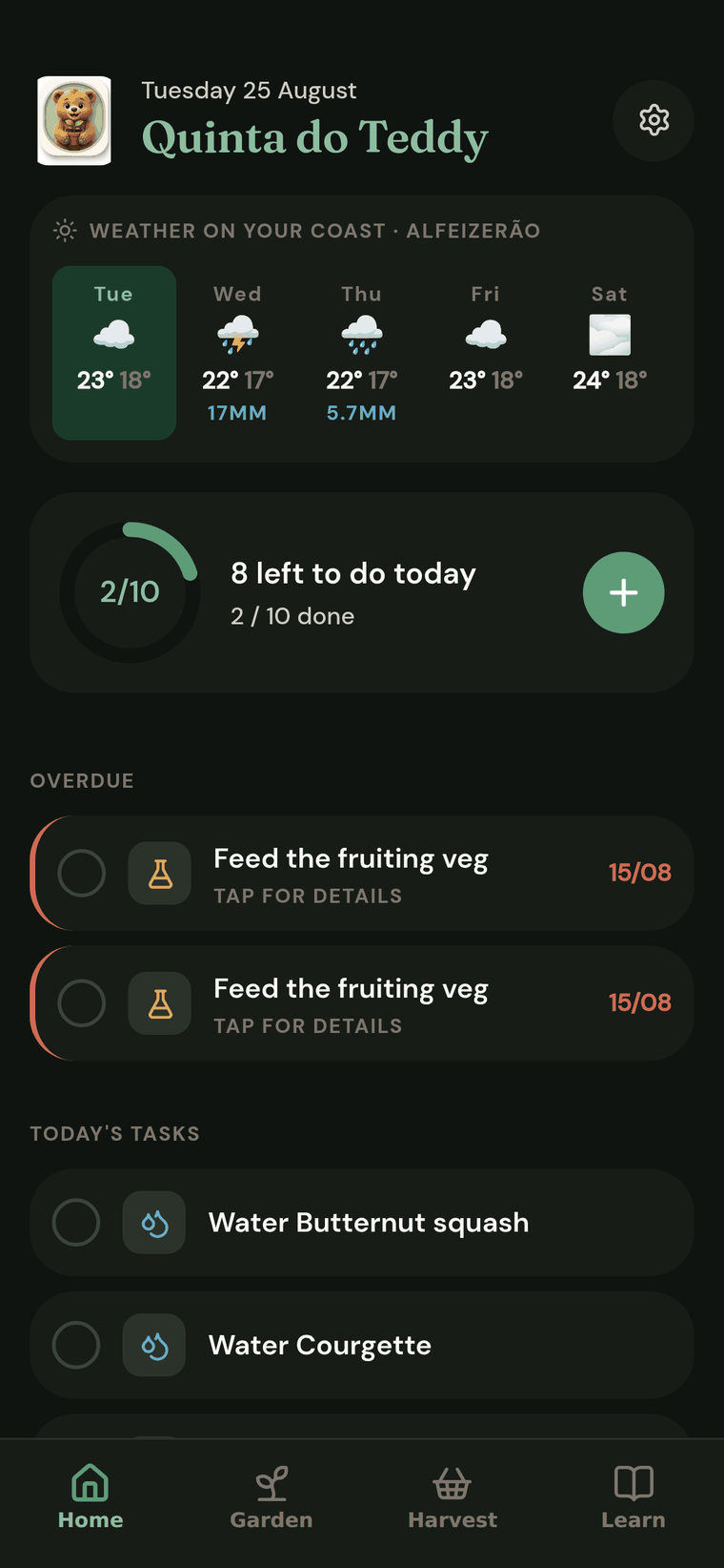 The Home screen in dark mode.