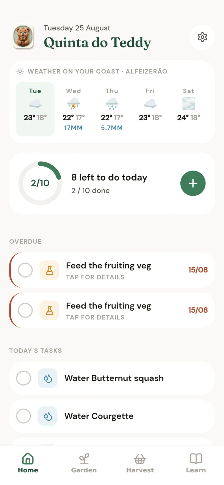 The Home screen: this week's weather for Alfeizerão, a progress ring with two of ten jobs done, and today's watering tasks.